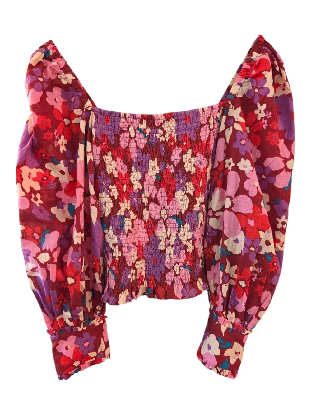 Free People Ariana Smocked Floral Puff Sleeve Crop Top Blouse Party Combo -Sz M